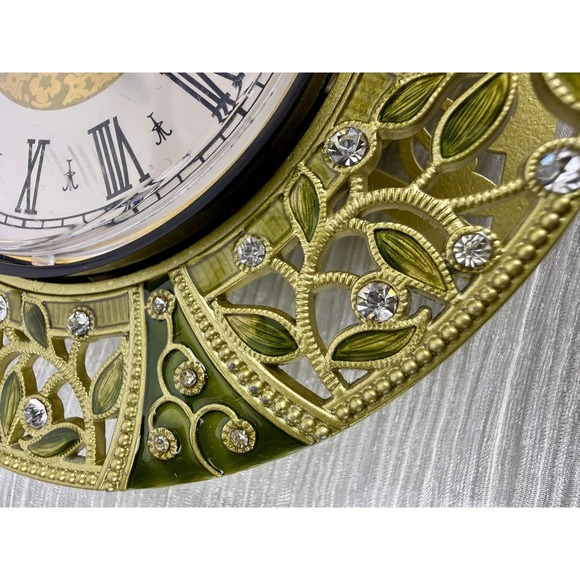 Vintage Enameled Green Tabletop Clock With Gemstones Quartz Works - Picture 14 of 15